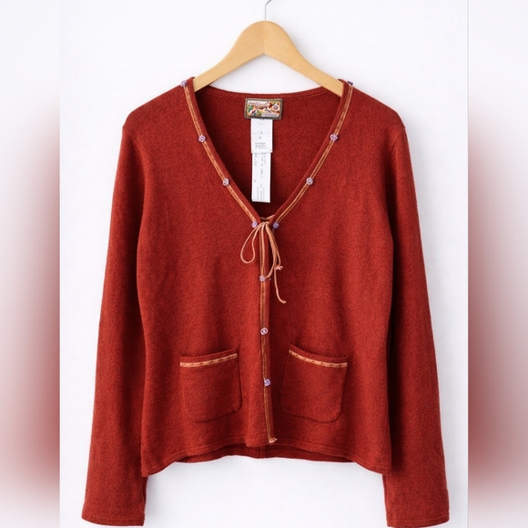 April Cornell Sweaters - April Cornell Boho Cardigan Rust Red Tie Front Floral Trim Sweater M NWT